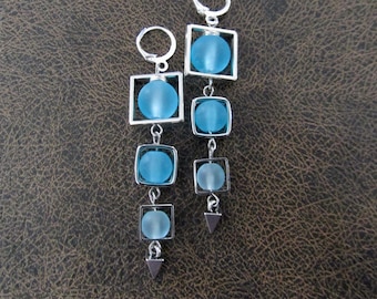 Long blue frosted glass and silver square earrings