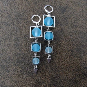 Long blue frosted glass and silver square earrings image 1