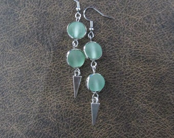 Long pale green earrings, bohemian earrings, beach earrings, frosted glass earrings, geometric earrings