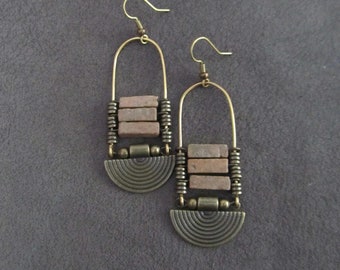 Chandelier earrings, Afrocentric jasper and bronze ethnic statement earrings, chunky bold earrings, African earrings, brown stone