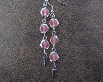 Long pink frosted glass and silver hexagon earrings