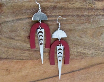 Geometric red and silver modern earrings
