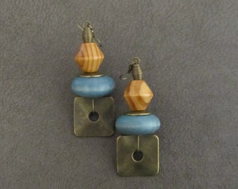 Hammered bronze earrings, geometric earrings, unique mid century modern earrings, ethnic earrings, bohemian earrings, statement steel blue