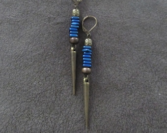 Blue hematite and bronze spike earrings