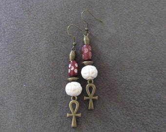 Batik print bone and bronze ankh earrings 2