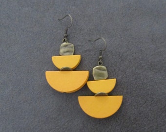 Yellow wooden and brass Afrocentric dangle earrings, mid century modern earrings, African earrings, bold statement, unique