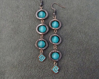 Long teal frosted glass  and copper earrings