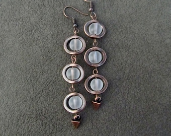 Long frosted glass  and copper earrings