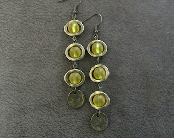 Long bohemian yellow frosted glass and bronze earrings