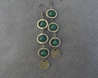 Long bohemian green frosted glass and bronze earrings