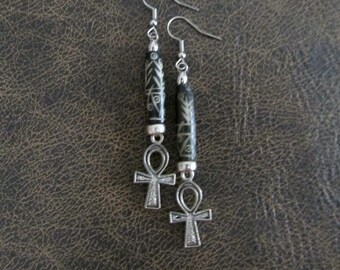 Silver Egyptian ankh and carved bone earrings