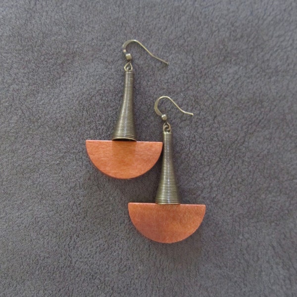Wood and bronze tribal dangle earrings, orange Afrocentric African earrings, geometric earrings, mid century modern earrings, bold