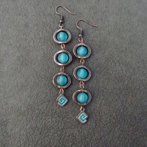 Long teal frosted glass and copper earrings image 1