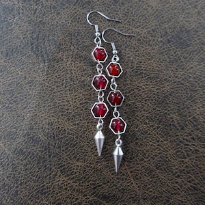 Silver and red agate geometric hexagon earrings