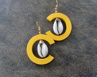 Cowrie shell earrings, Afrocentric dangle earrings, large wooden earrings, big African earrings, bold statement earrings, yellow earrings