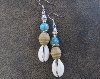 Cowrie shell earrings, exotic ethnic earrings, turquoise earrings