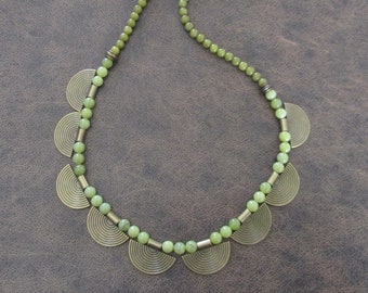 Green serpentine and bronze beaded statement necklace