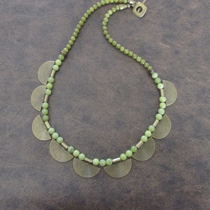 Green serpentine and bronze beaded statement necklace image 1