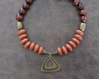 Chunky bronze and orange wooden necklace