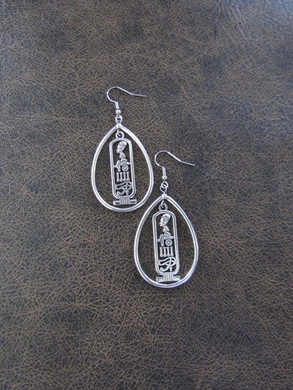 Egyptian African earrings, cartouche earrings, ethnic tribal earrings, hieroglyphic hoop earrings