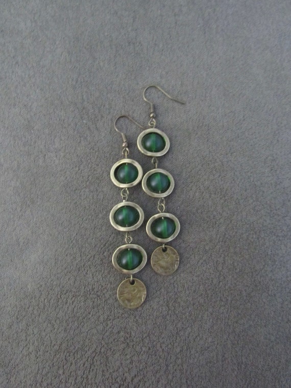 Long bohemian green frosted glass and bronze earrings