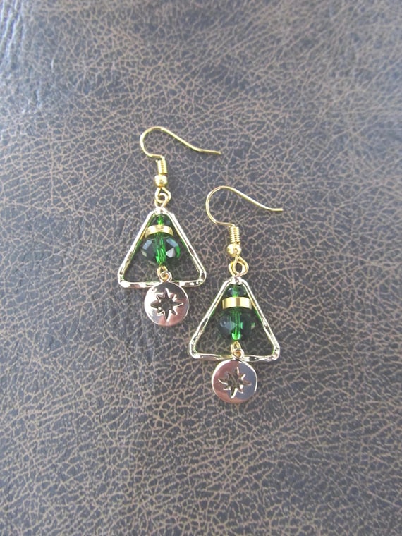 Hammered brass and crystal triangle earrings, green