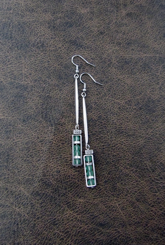 Long sea glass earrings, bohemian earrings, beach earrings, bold earrings, boho earrings, green dangle earrings, geometric earrings, artisan