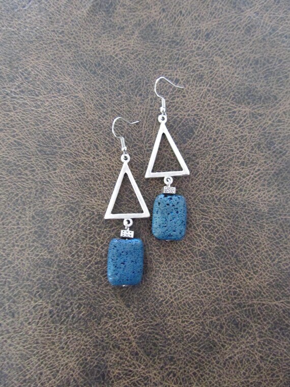 Teal lava rock and silver geometric earrings