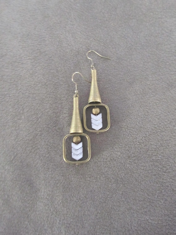 Bronze and silver geometric industrial earrings square