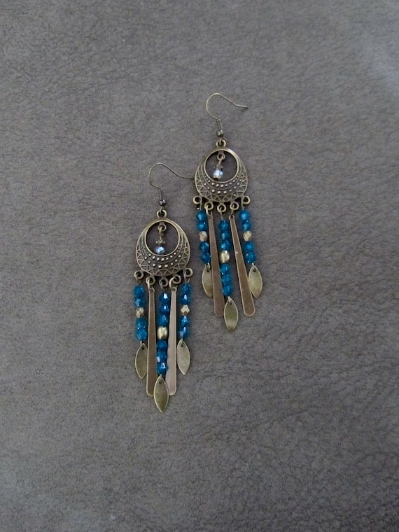 Crystal chandelier earrings, teal and bronze earrings
