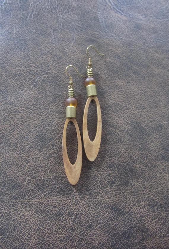 Long wood earrings, bold statement earrings, Afrocentric jewelry, African earrings, geometric earrings, rustic natural earrings, bohemian
