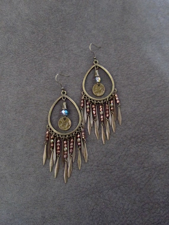 Large chandelier earrings, crystal and bronze gypsy earrings, boho bohemian unique princess