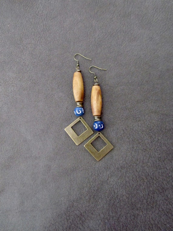 Long wooden earrings, Afrocentric African earrings, bold statement earrings, geometric earrings, rustic natural earrings, blue clay earring
