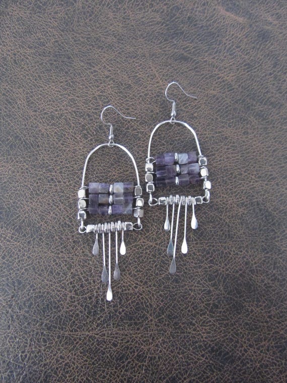 Purple stone and silver chandelier earrings