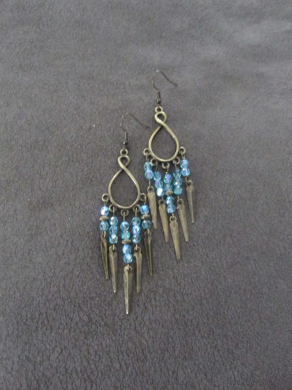 Crystal chandelier earrings, baby blue and bronze earrings