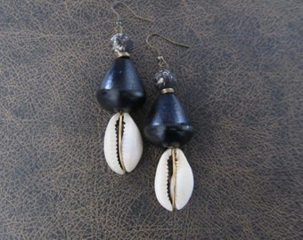 Cowrie shell earrings and chunky black wooden earrings 2