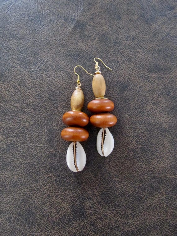 Bold chunky cowrie shell and orange wooden earrings