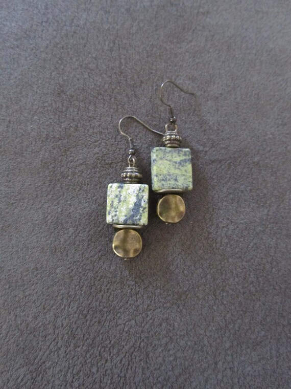 Green serpentine stone and bronze modern earrings