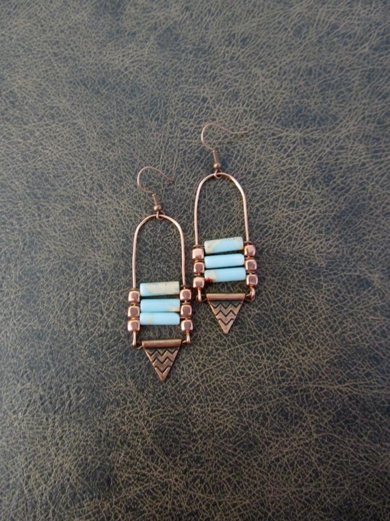 Blue jasper earrings, copper tribal chandelier earrings 2
