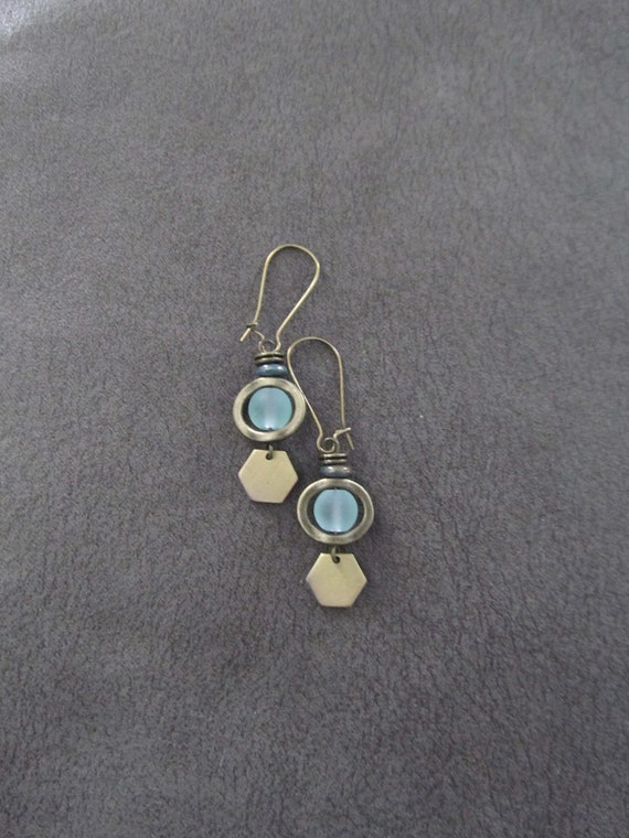 Bronze and green sea glass earrings, hexagon