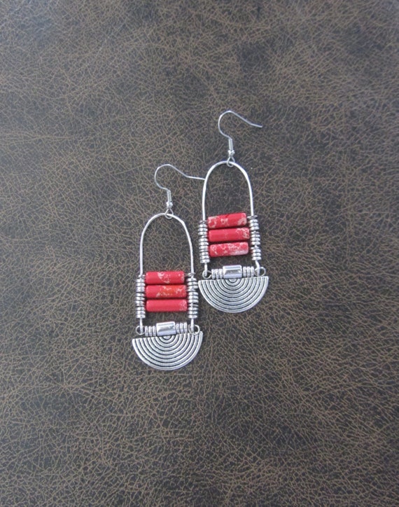 Chandelier earrings, jasper and silver ethnic statement earrings, chunky bold earrings, African earrings, unique bohemian earrings red