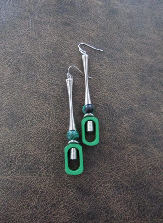 Long unique geometric earrings, malachite