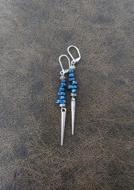 Abstract earrings, blue nugget and silver
