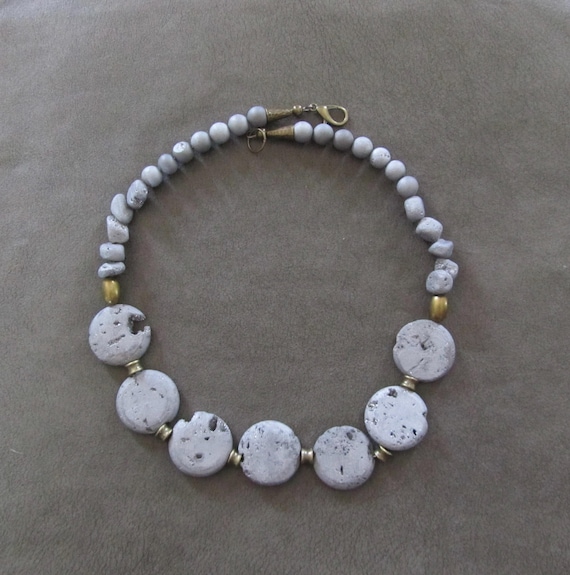 Electroplated slab stone statement necklace, chunky silver necklace