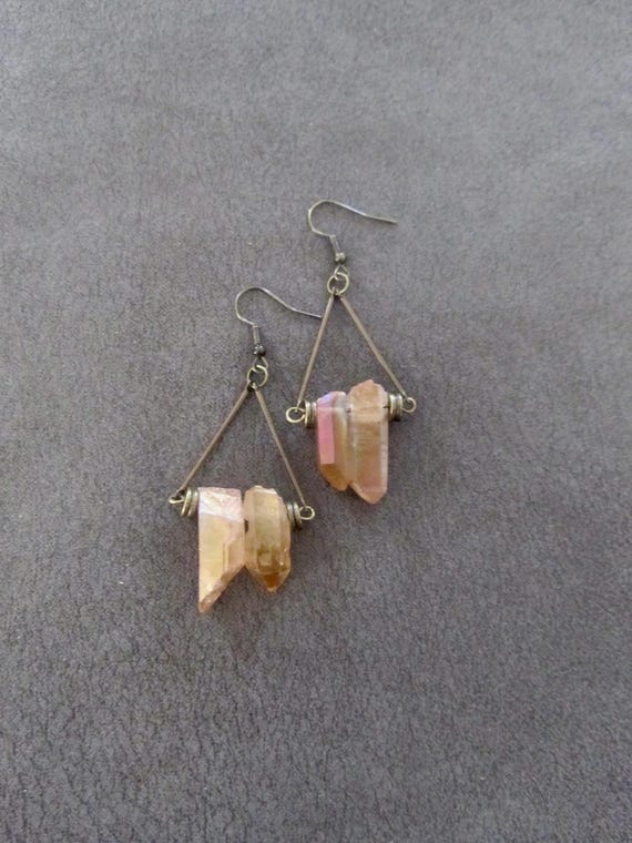 Raw quartz peach crystal earrings, bronze