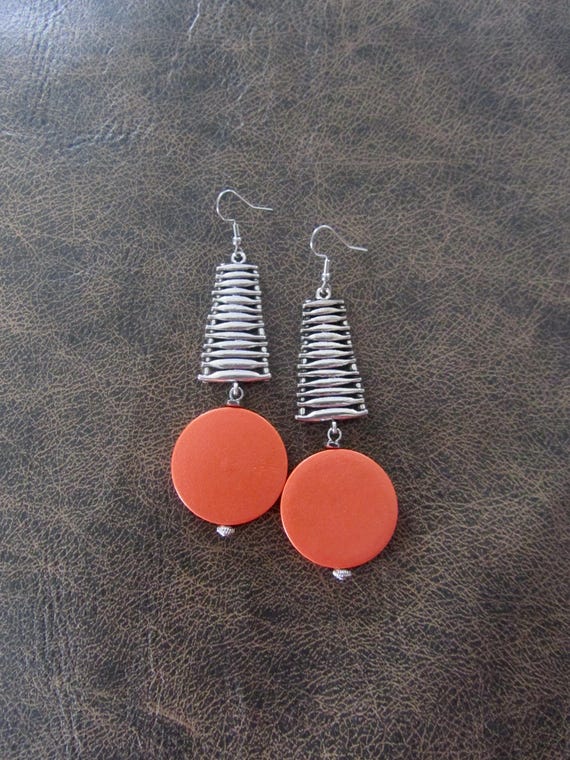 Large silver chunky statement earrings, orange