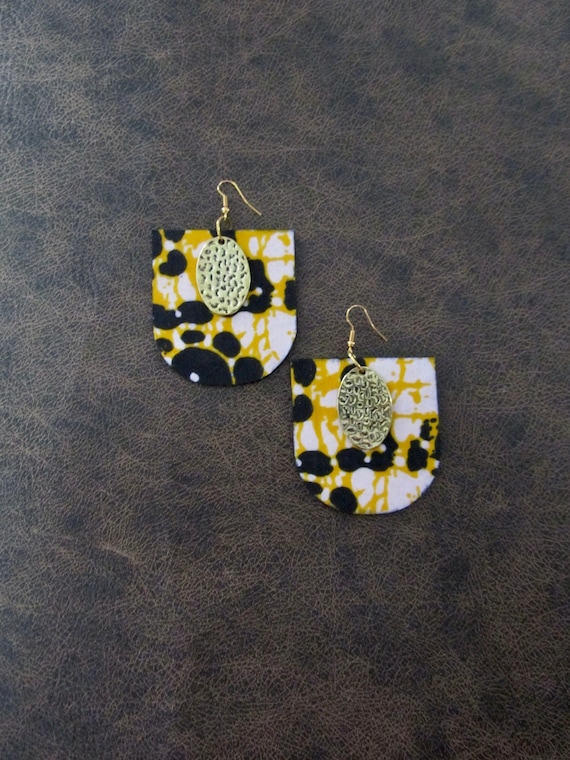 African print earrings, Ankara earrings, wood earrings, bold statement earrings, Afrocentric earrings, yellow earrings, batik earrings 222