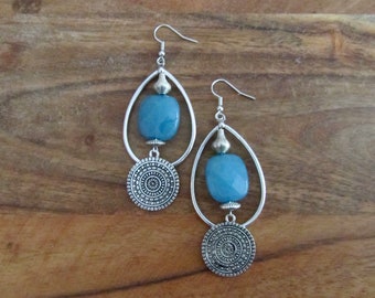 Blue stone and silver tear drop hoop earrings