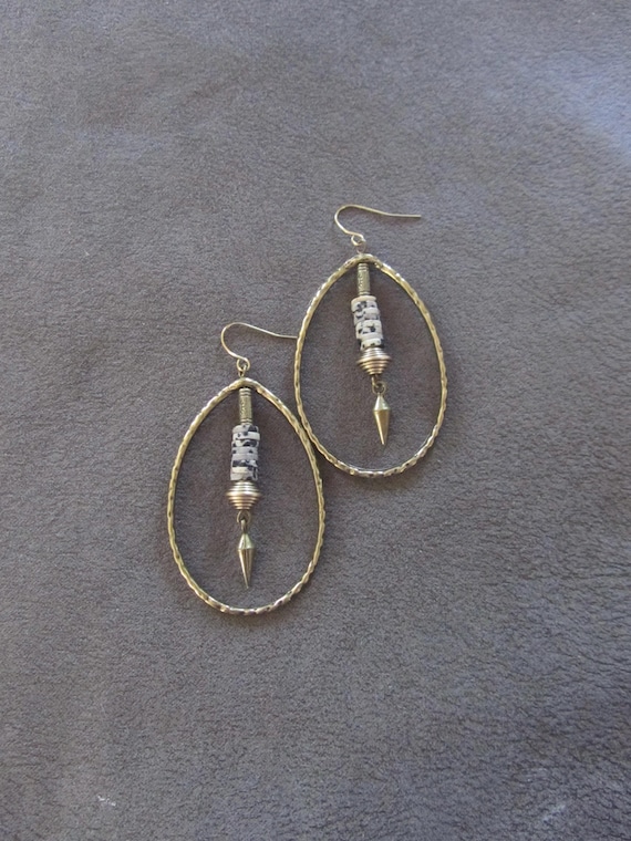 Large Antique brass and Dalmatian jasper hoop earrings