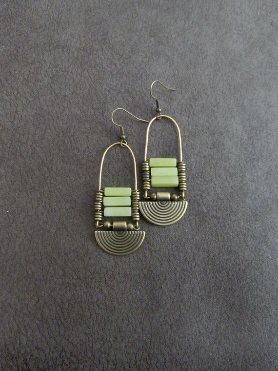 Chandelier earrings, lime green earrings, jadeite stone, antique bronze earrings, ethnic statement earrings, African Afrocentric earrings